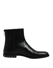 Dolce & Gabbana Black Leather Logo Ankle Boots Studded Shoes - ACCEXO