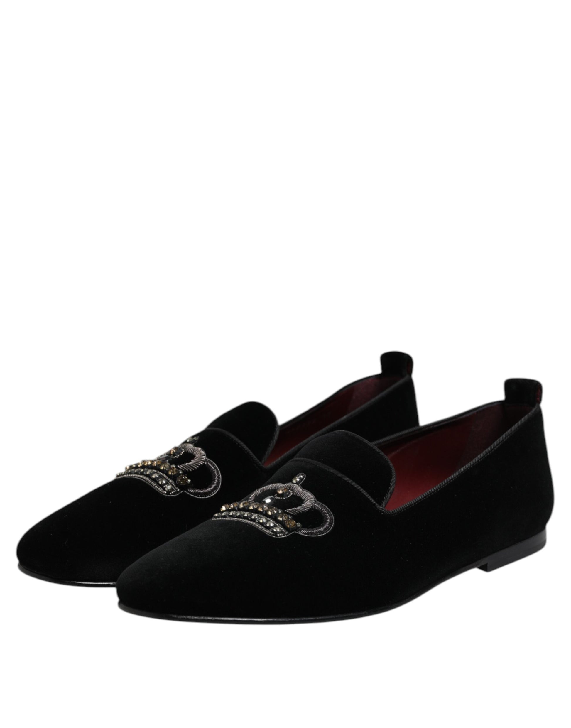 Dolce & Gabbana Black Velvet Crystal Crown Loafers Dress Shoes - ACCEXO