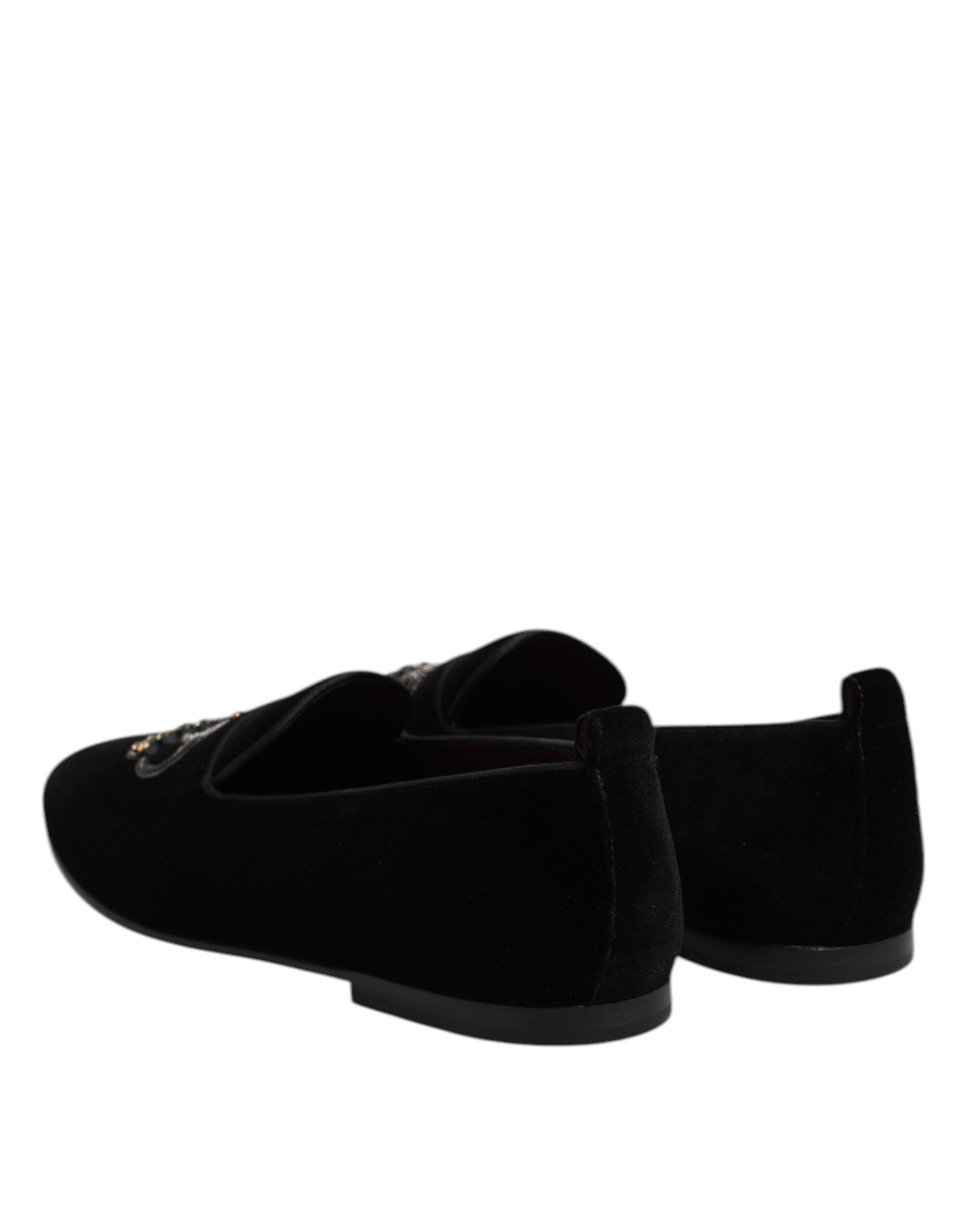 Dolce & Gabbana Black Velvet Crystal Crown Loafers Dress Shoes - ACCEXO