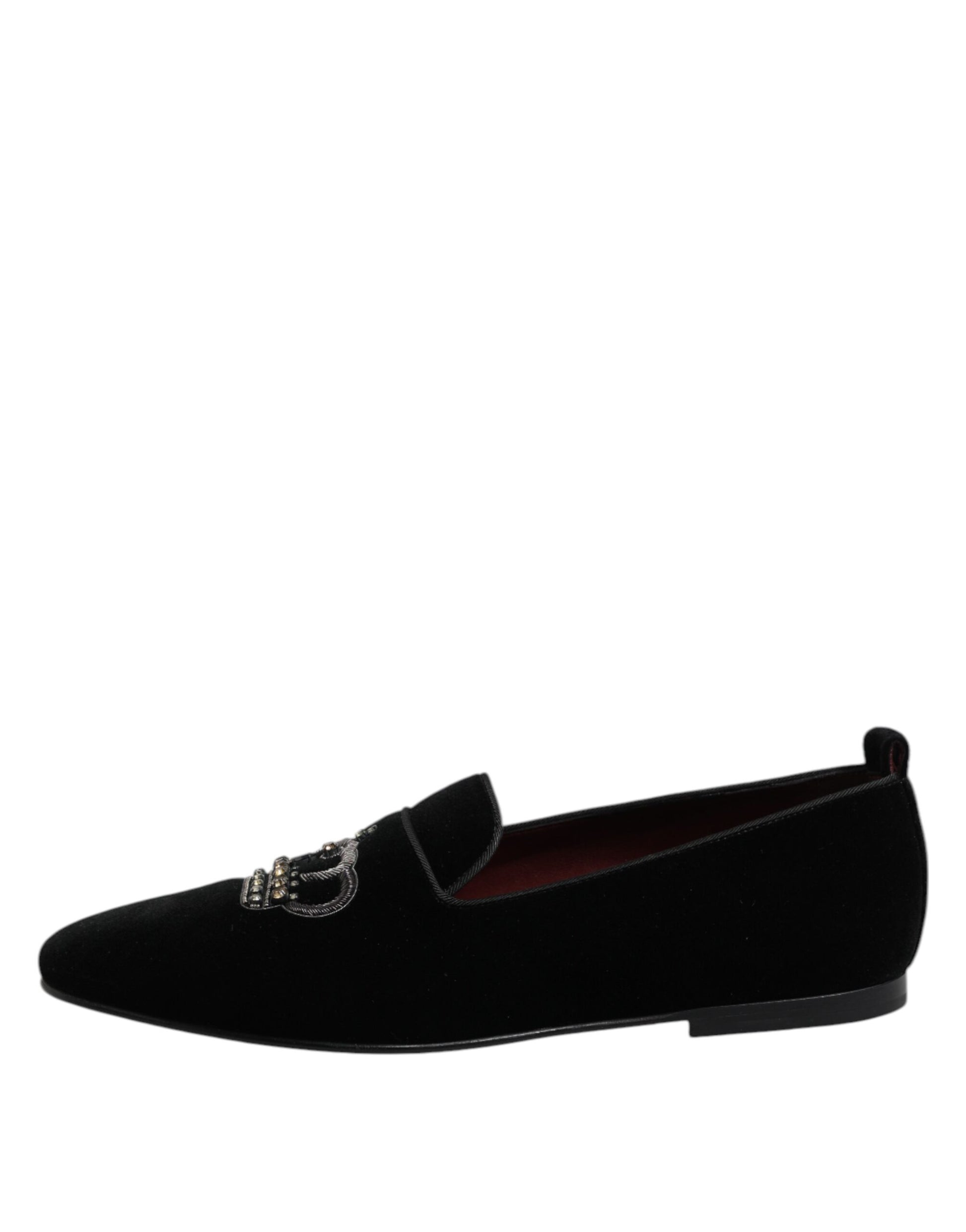 Dolce & Gabbana Black Velvet Crystal Crown Loafers Dress Shoes - ACCEXO