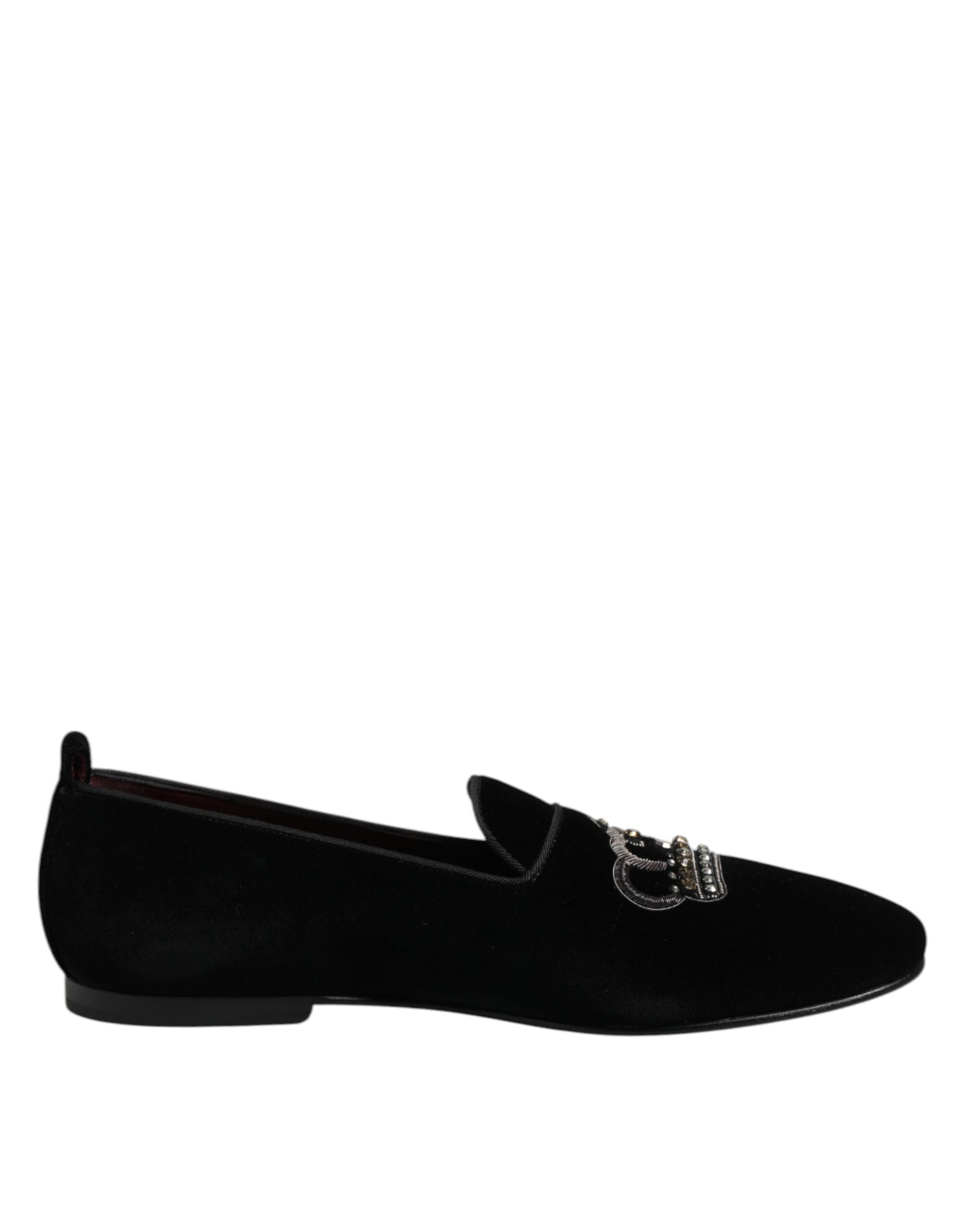 Dolce & Gabbana Black Velvet Crystal Crown Loafers Dress Shoes - ACCEXO