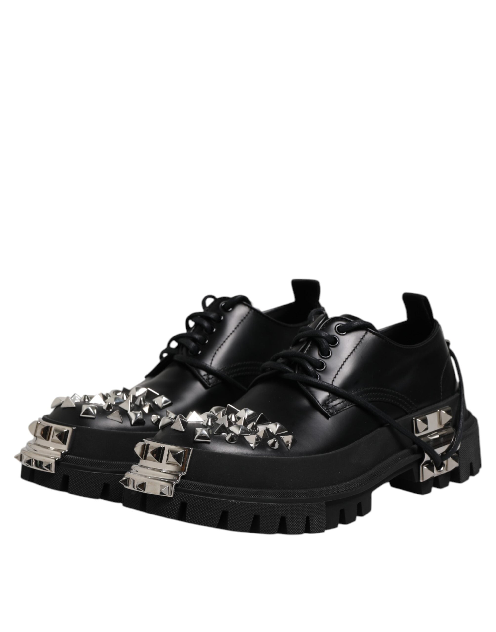 Dolce & Gabbana Black Leather Embellished Trekking Derby Shoes - ACCEXO