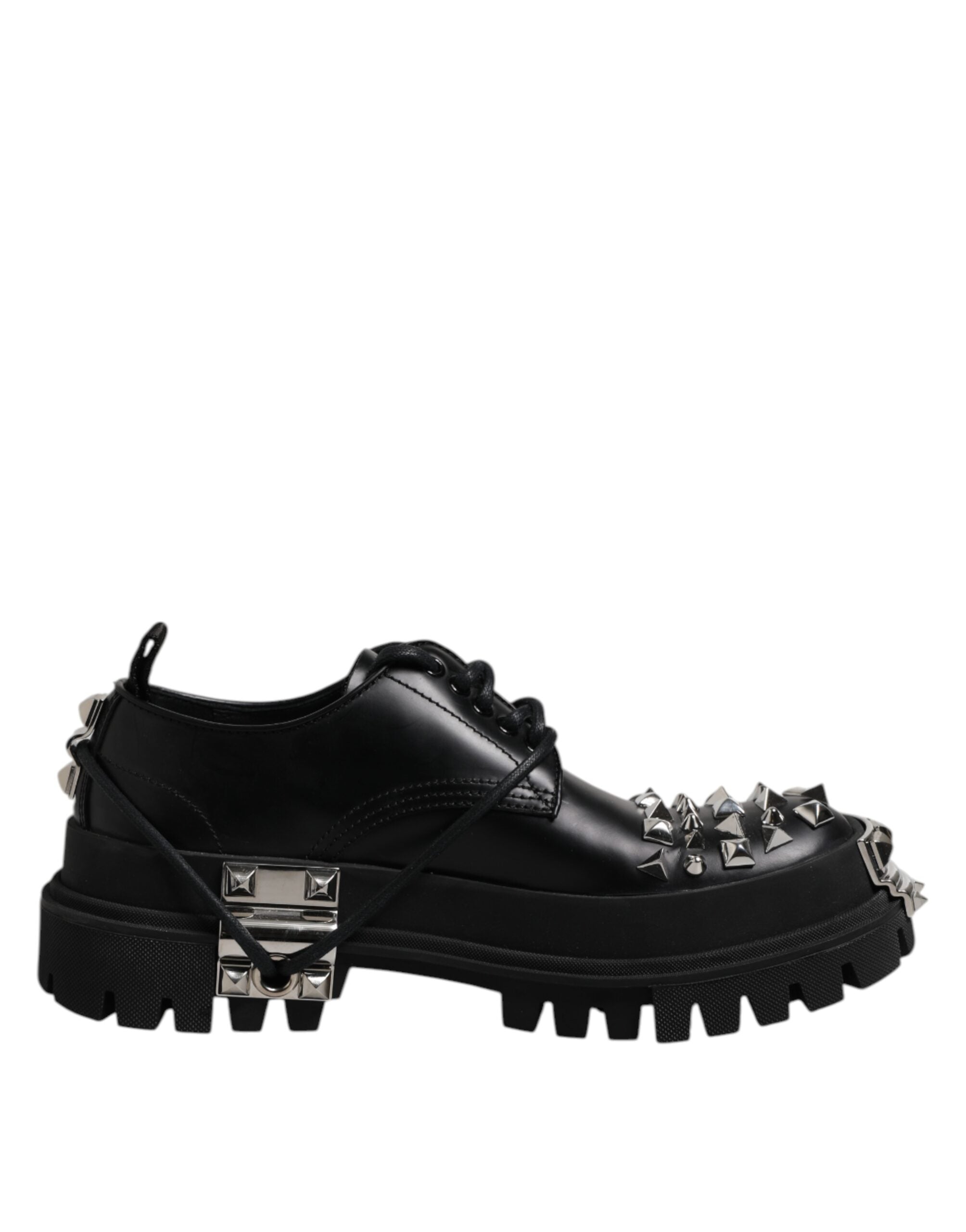 Dolce & Gabbana Black Leather Embellished Trekking Derby Shoes - ACCEXO