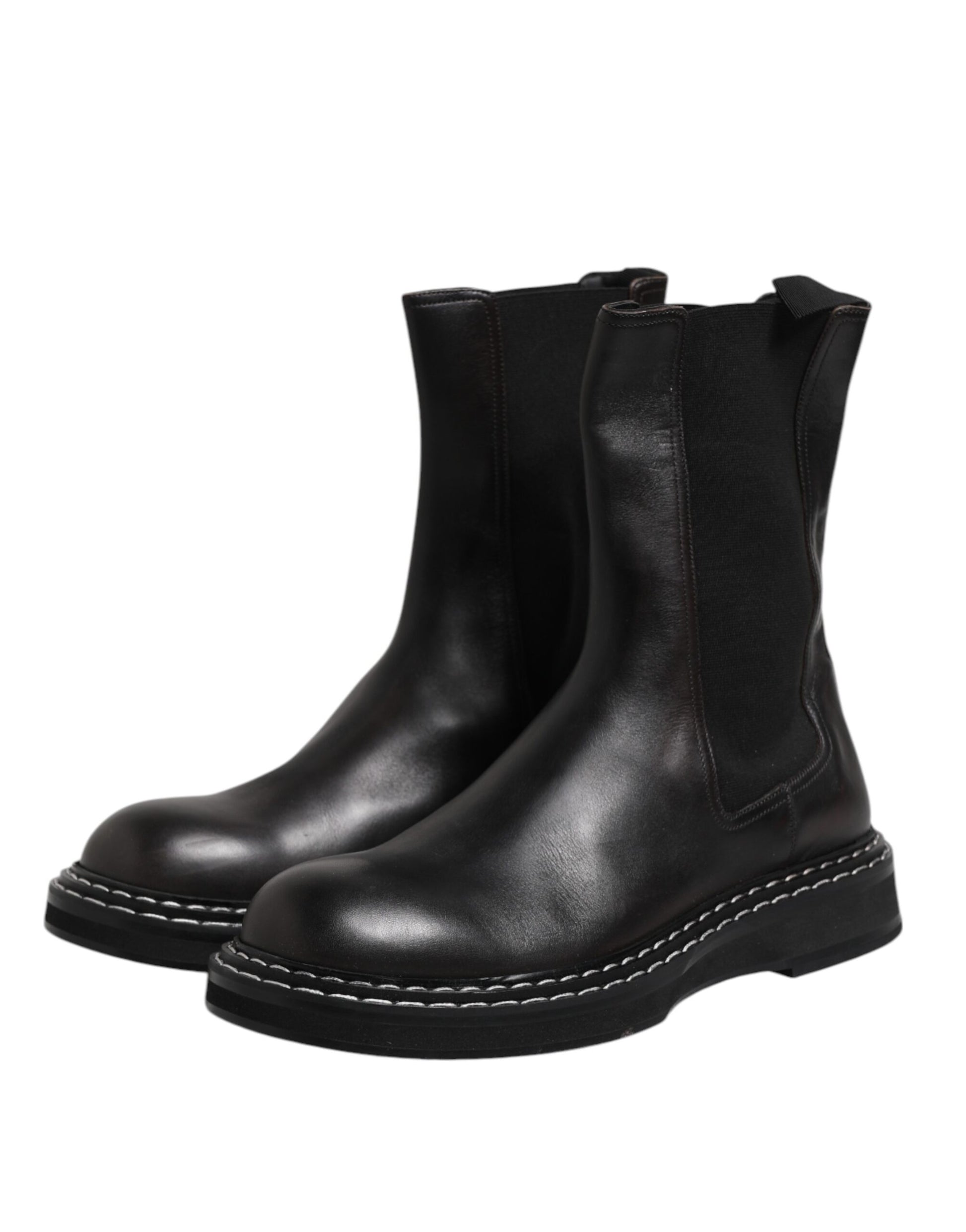 Dolce & Gabbana Black Leather Mid Calf Boots Flats Shoes - ACCEXO