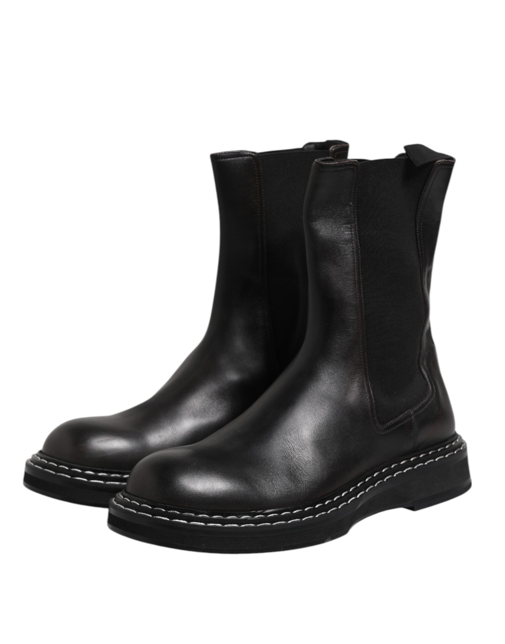 Dolce & Gabbana Black Leather Mid Calf Boots Flats Shoes - ACCEXO