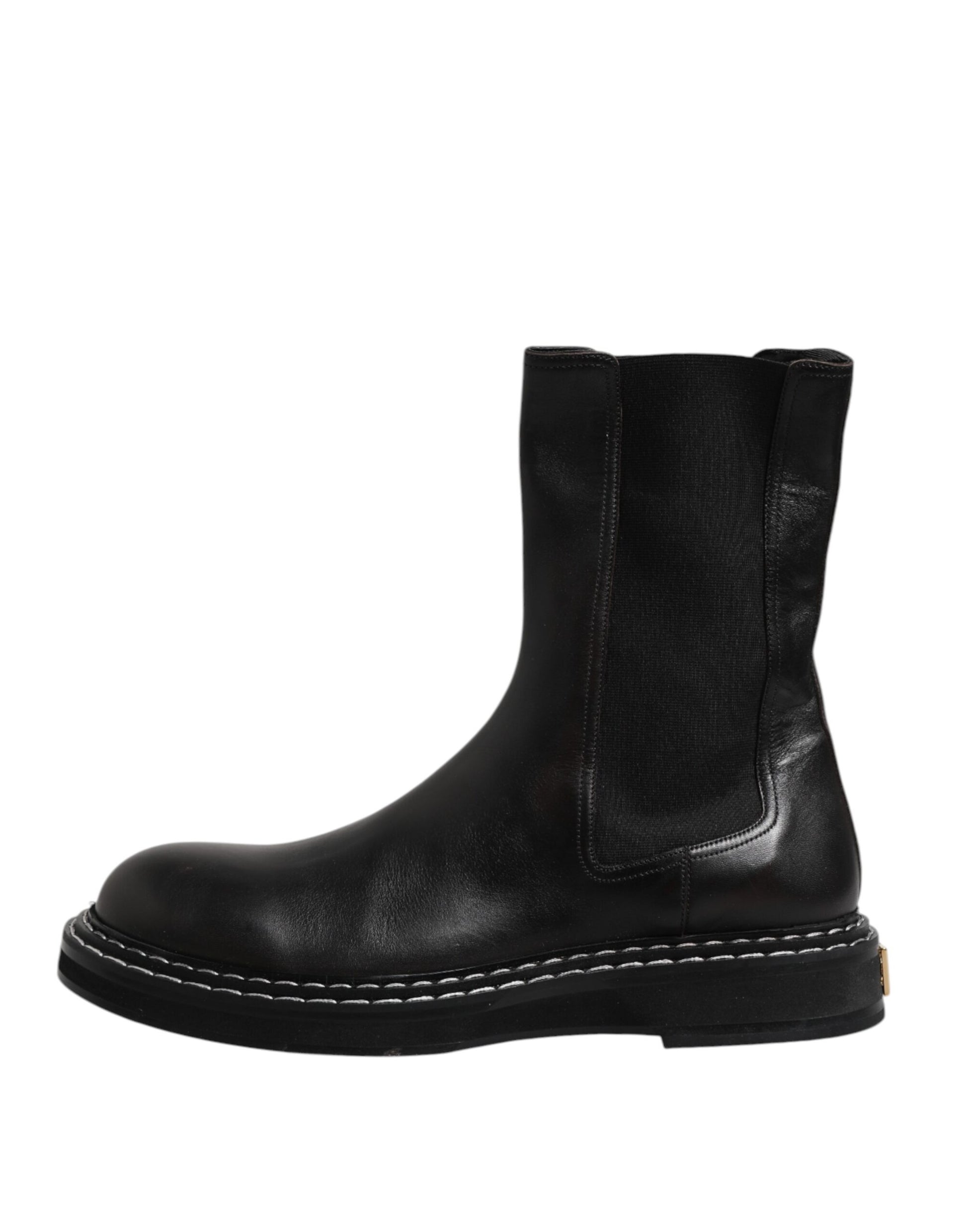 Dolce & Gabbana Black Leather Mid Calf Boots Flats Shoes - ACCEXO