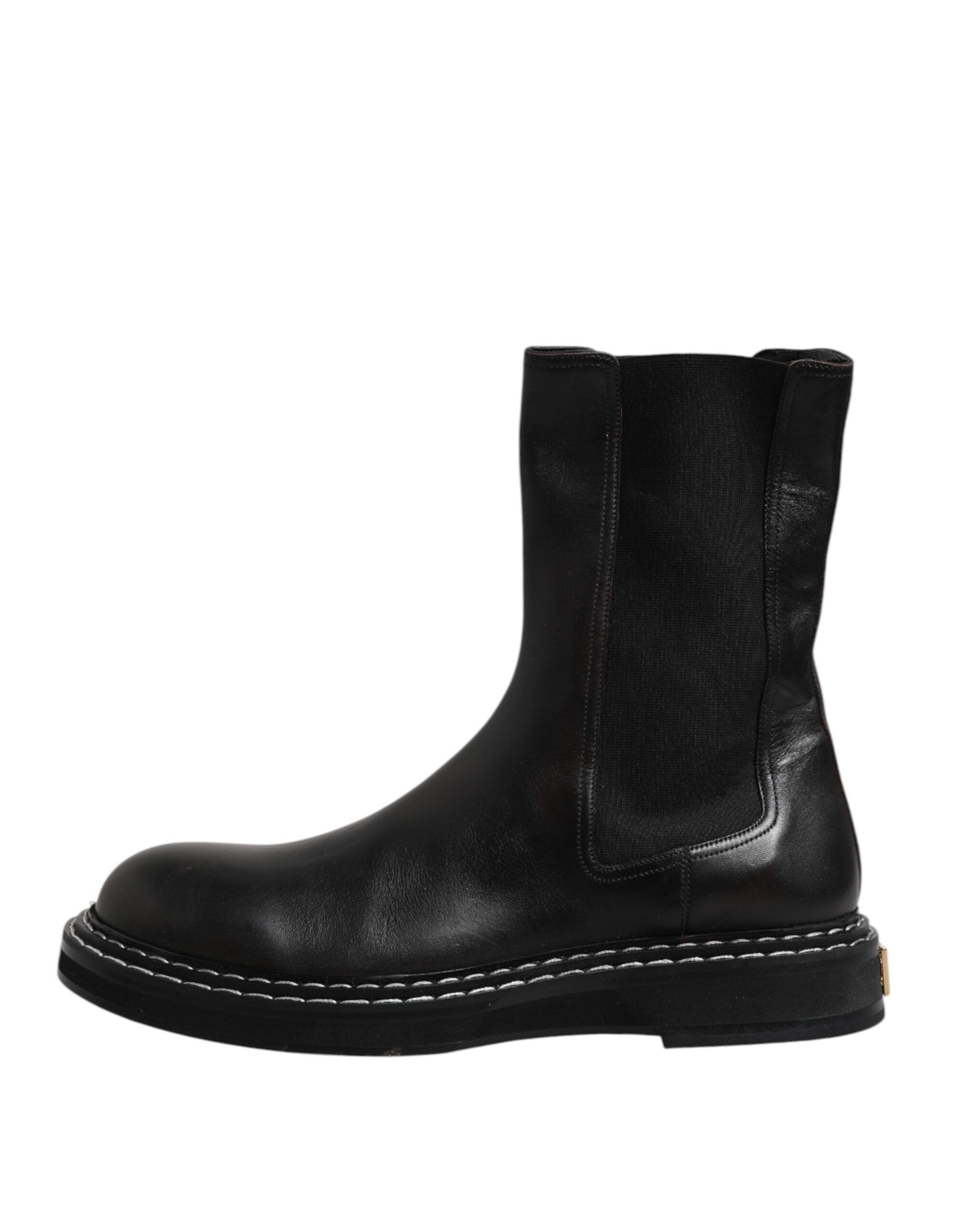 Dolce & Gabbana Black Leather Mid Calf Boots Flats Shoes - ACCEXO