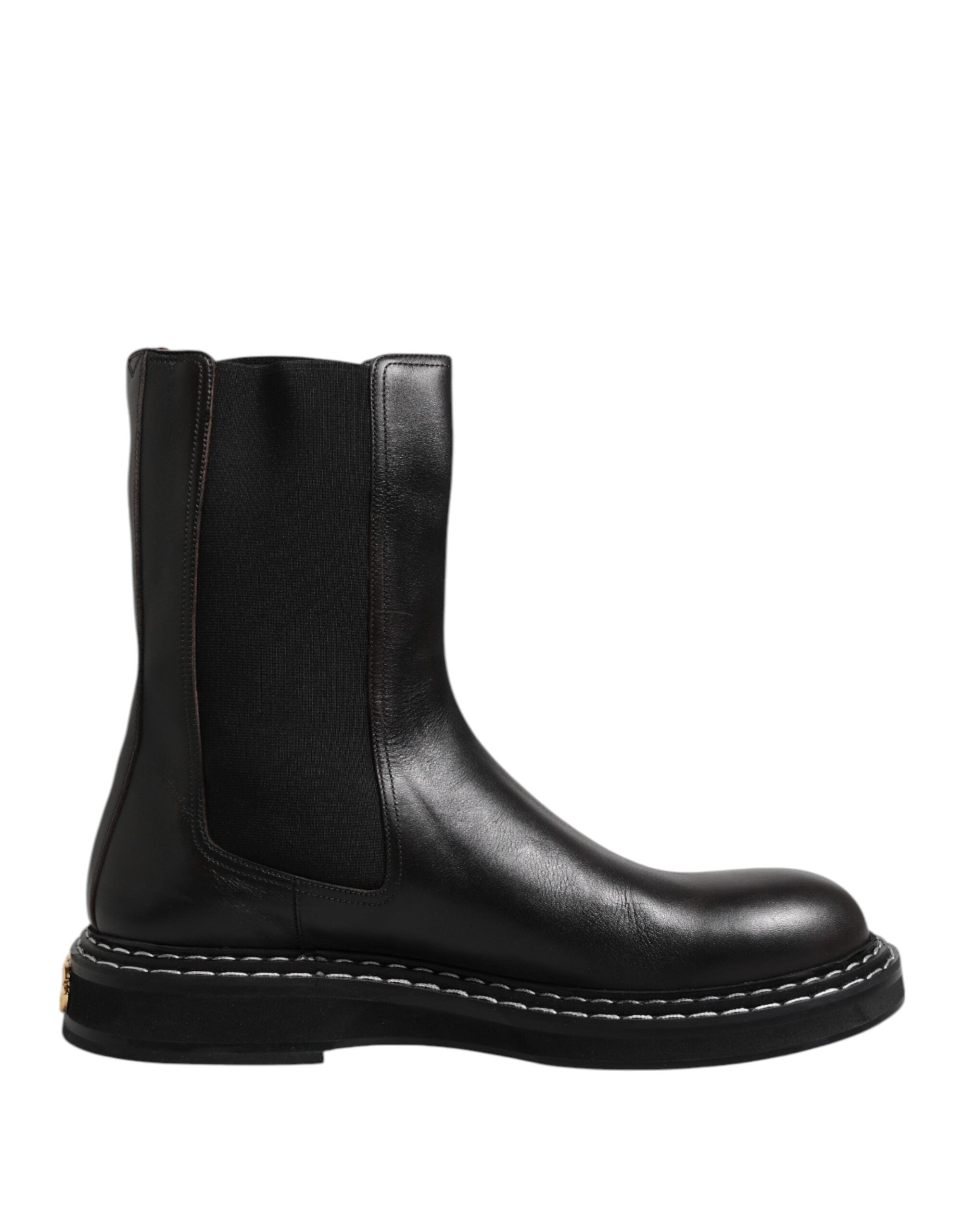 Dolce & Gabbana Black Leather Mid Calf Boots Flats Shoes - ACCEXO