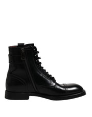 Dolce & Gabbana Black Leather Mid Calf Boots Lace Up Shoes - ACCEXO