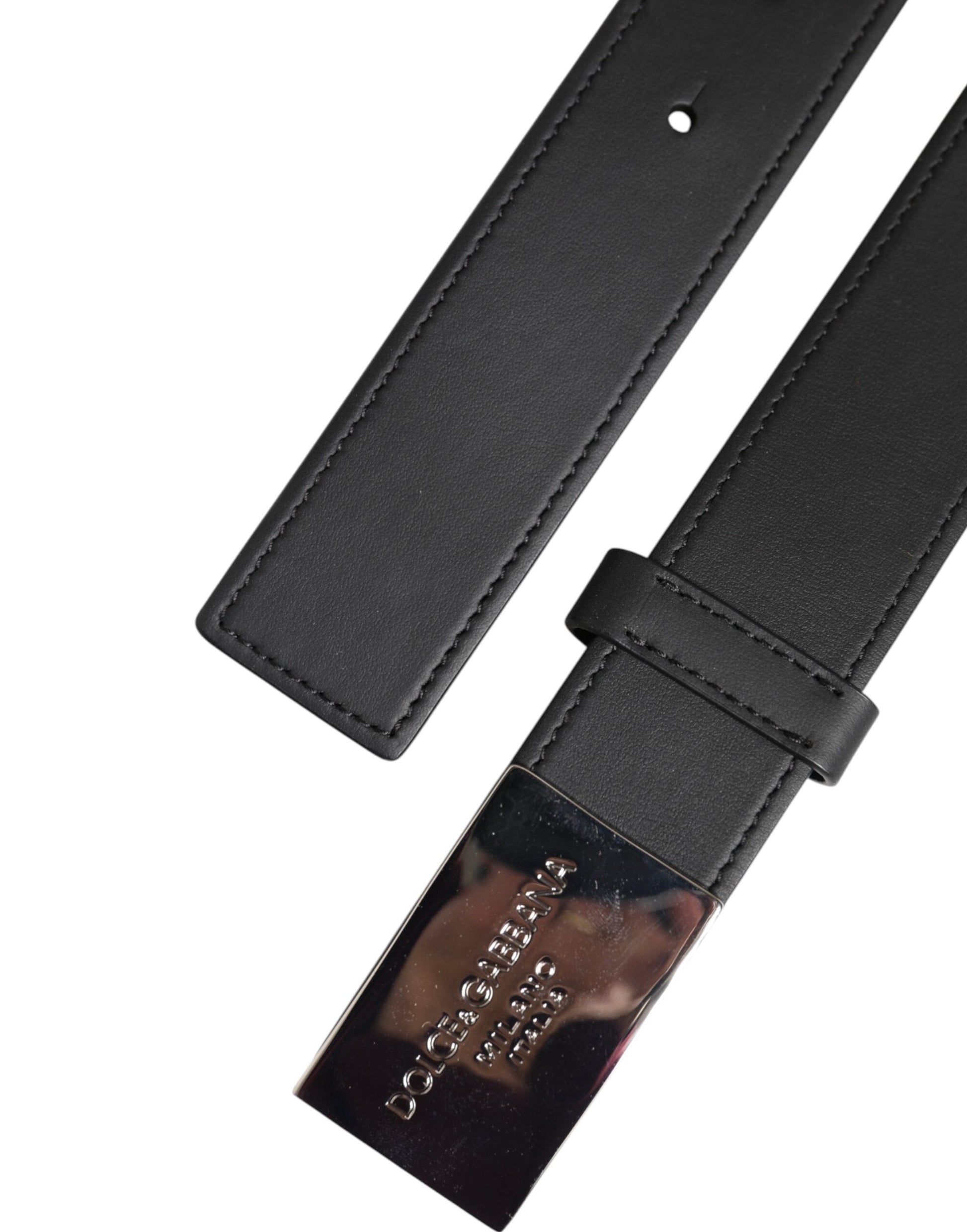 Dolce & Gabbana Black Leather Silver Metal Logo Buckle Belt - ACCEXO