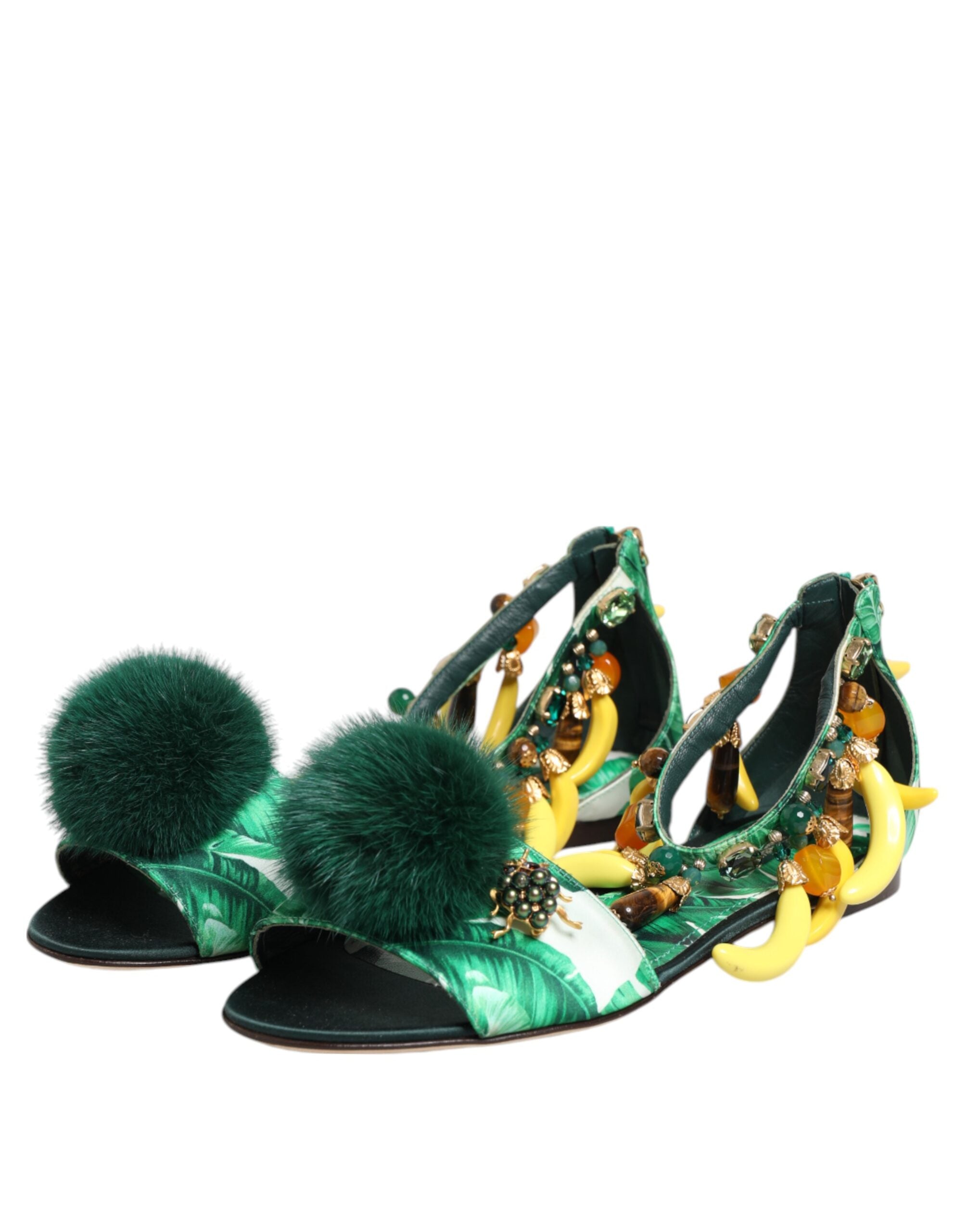 Dolce & Gabbana Green Mink Fur Satin Banana Leaf Sandals Shoes - ACCEXO