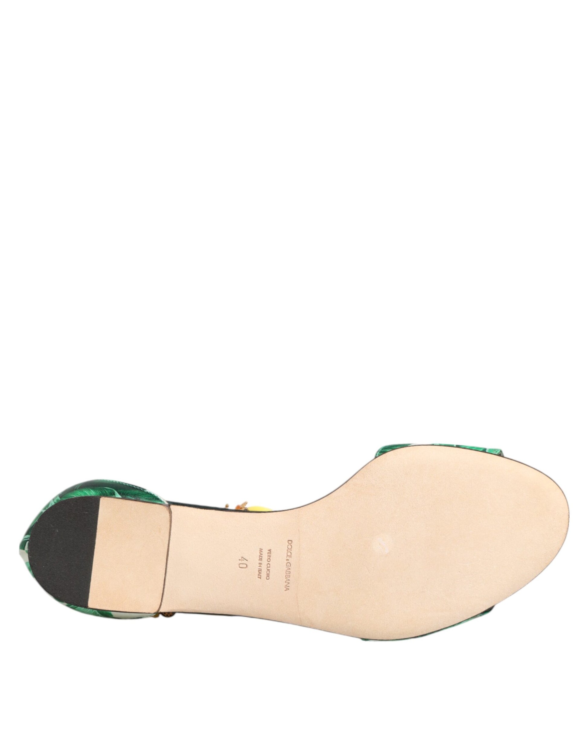 Dolce & Gabbana Green Mink Fur Satin Banana Leaf Sandals Shoes - ACCEXO