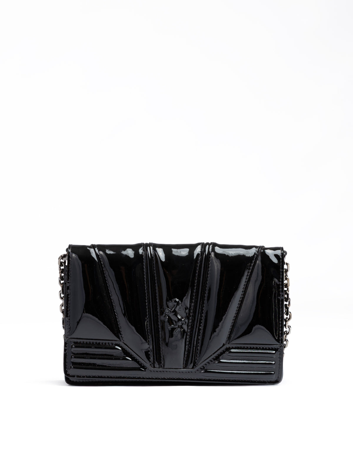 Black patent leather clutch bag with a brand logo on a white background