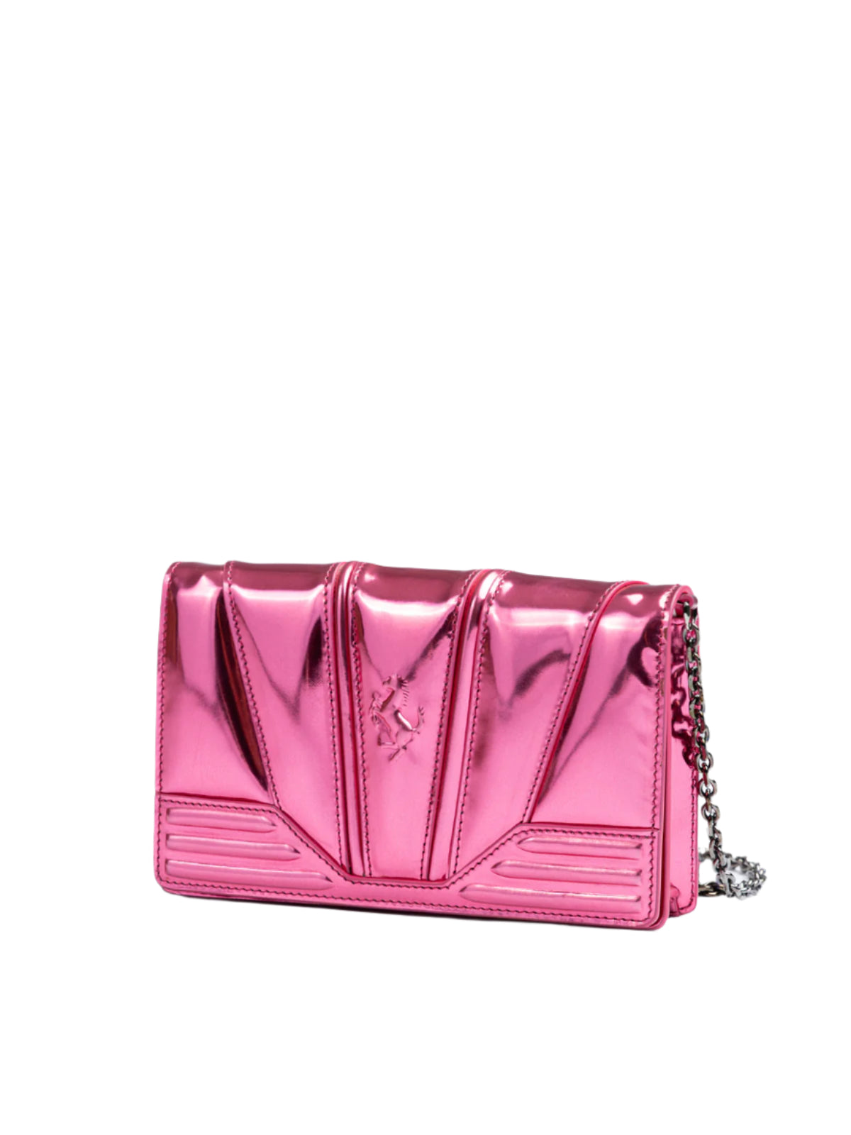 Pink metallic handbag with a chain strap on a white background