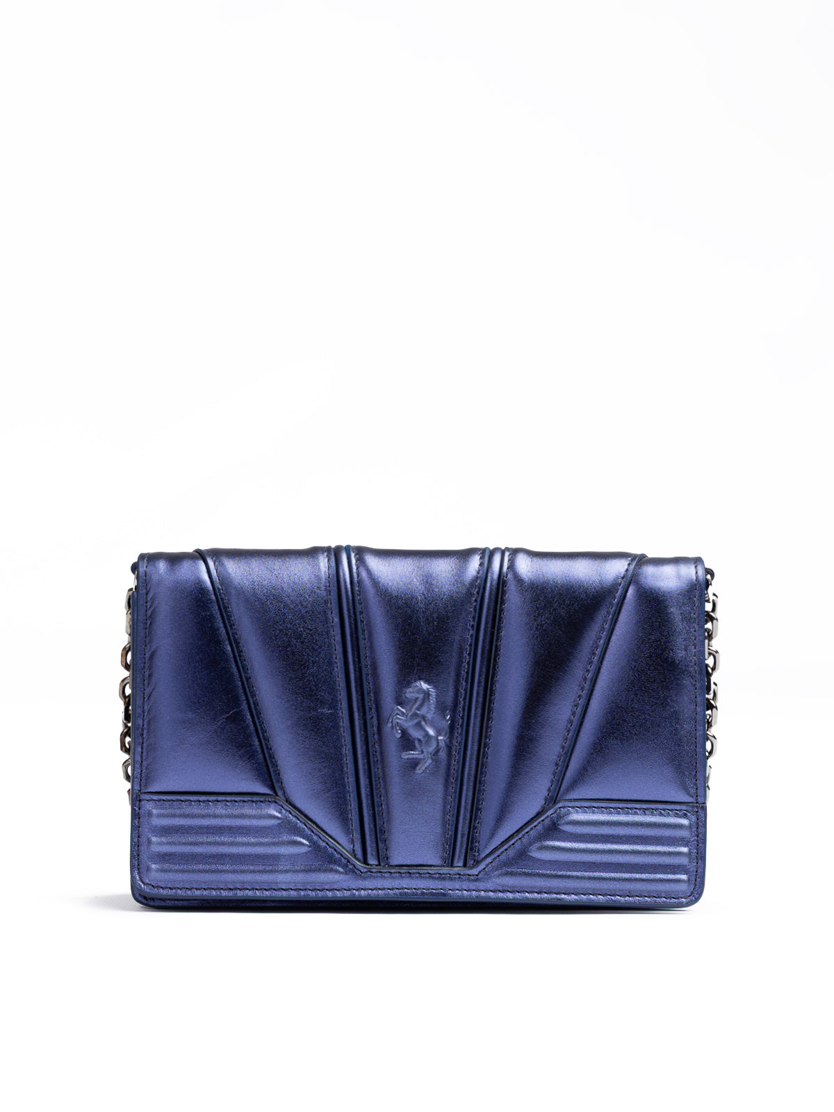 Blue metallic handbag with a brand logo on a white background