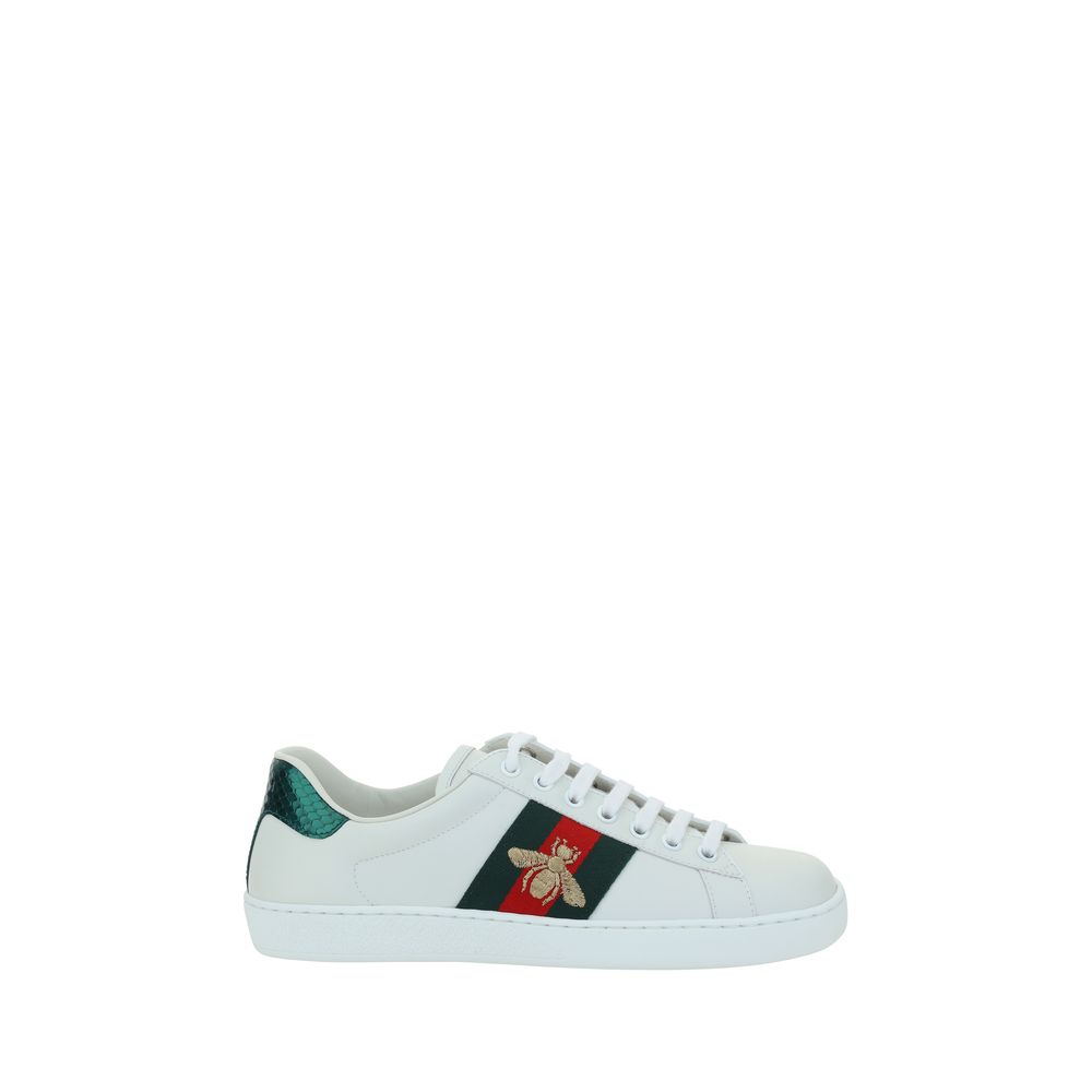 Gucci Calfskin Sneakers With Iconic Webing Bands On Side Panels, Embroidered Bee On Outer Side