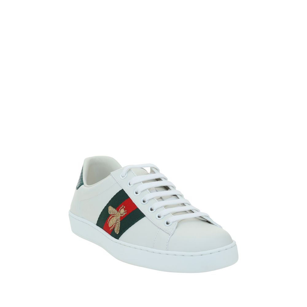 Gucci Calfskin Sneakers With Iconic Webing Bands On Side Panels, Embroidered Bee On Outer Side