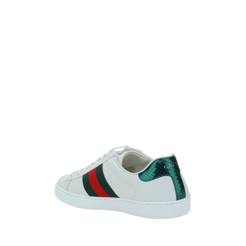 Gucci Calfskin Sneakers With Iconic Webing Bands On Side Panels, Embroidered Bee On Outer Side