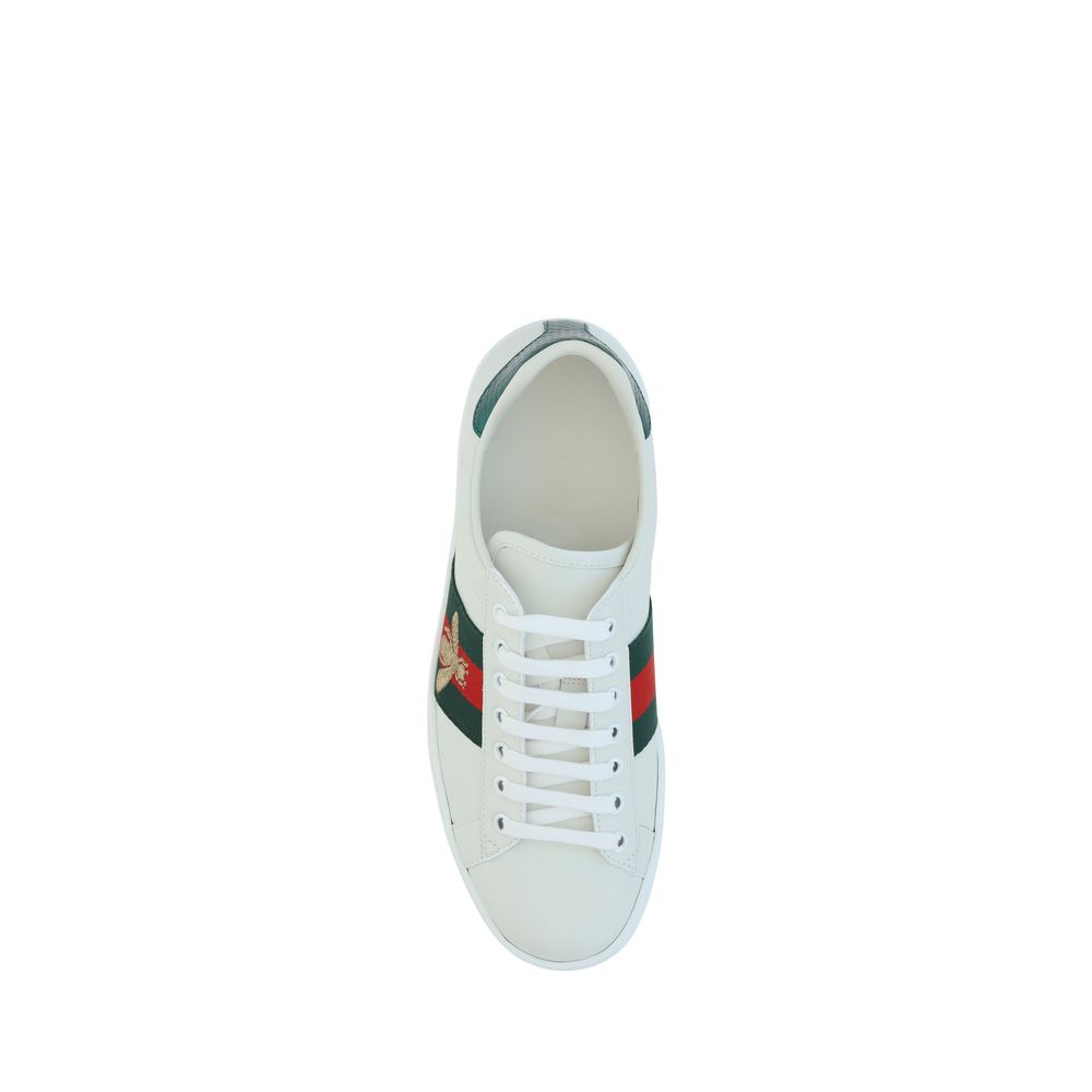 Gucci Calfskin Sneakers With Iconic Webing Bands On Side Panels, Embroidered Bee On Outer Side