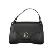 Black handbag with a gold logo on a white background
