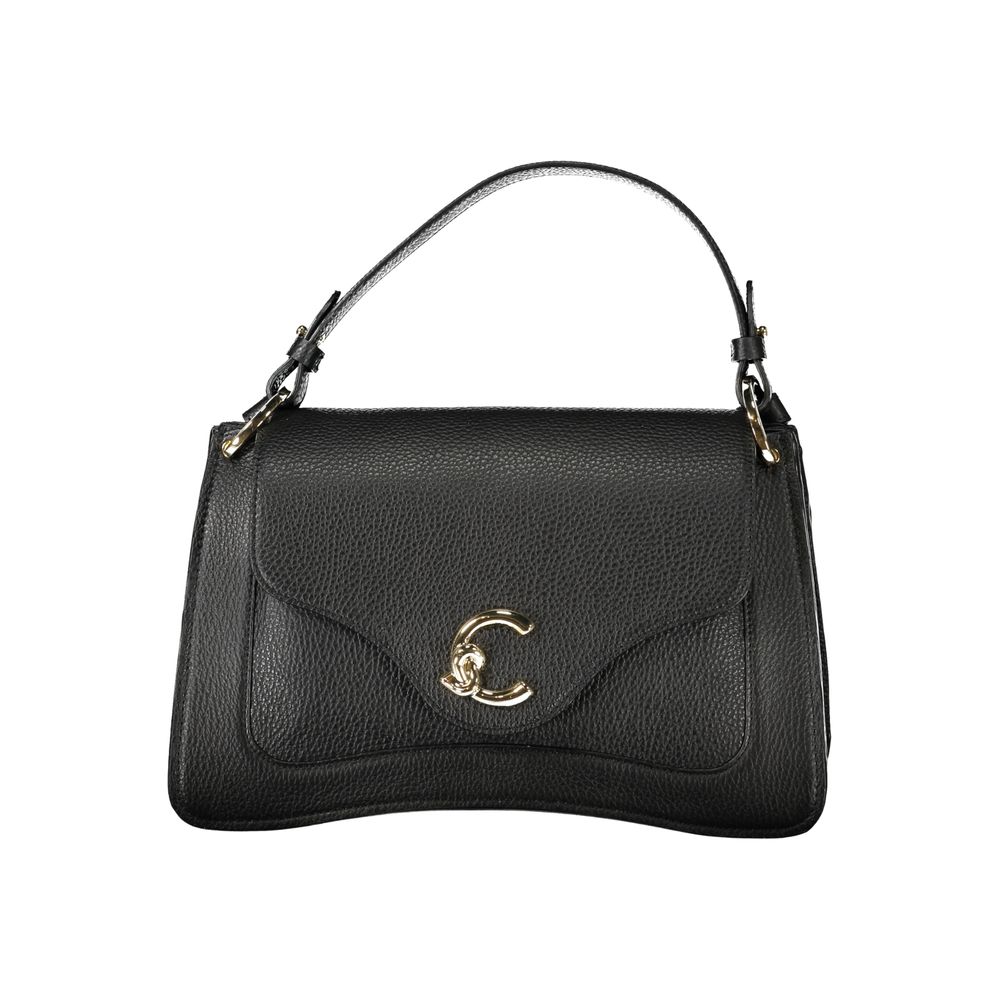 Black handbag with a gold logo on a white background