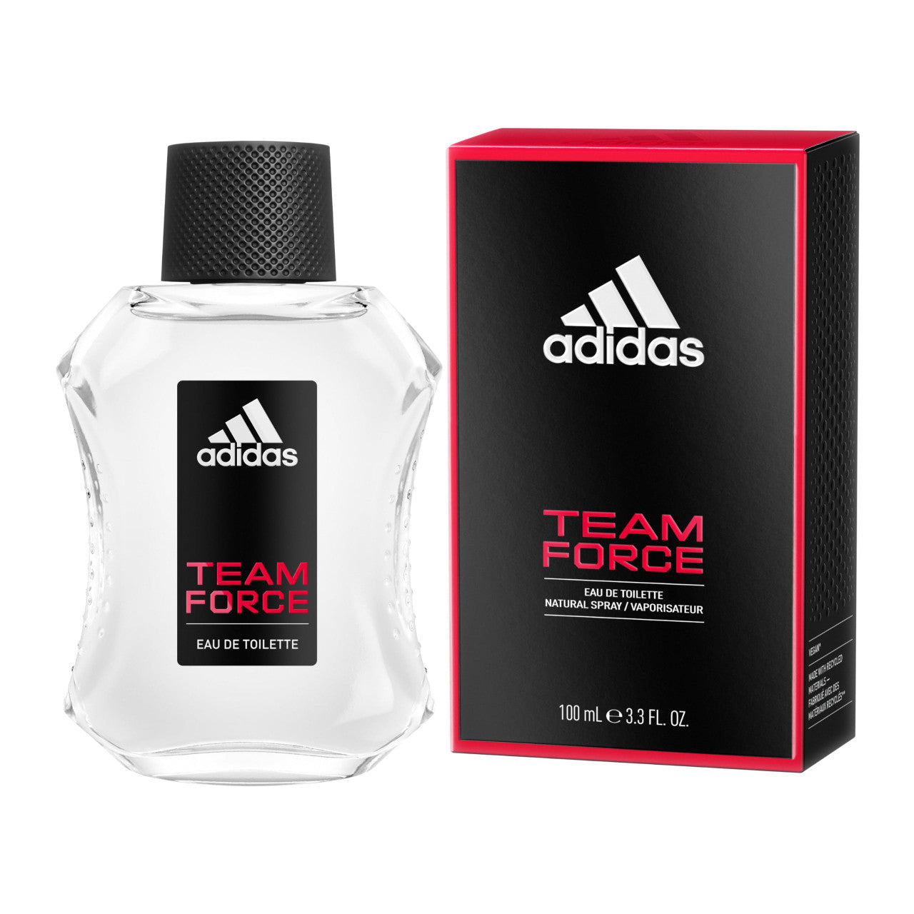 ADIDAS TEAM FORCE EAU DE TOILETTE SPRAY bottle alongside its packaging box.