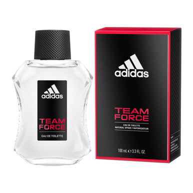 ADIDAS TEAM FORCE EAU DE TOILETTE SPRAY bottle alongside its packaging box.