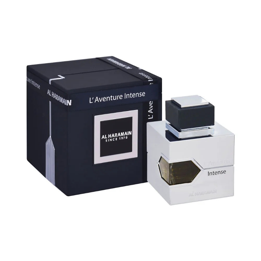 A product image featuring AL HARAMAIN L'AVENTURE INTENSE 3.4 EAU DE PARFUM SPRAY for men, with the item displayed next to its packaging box.