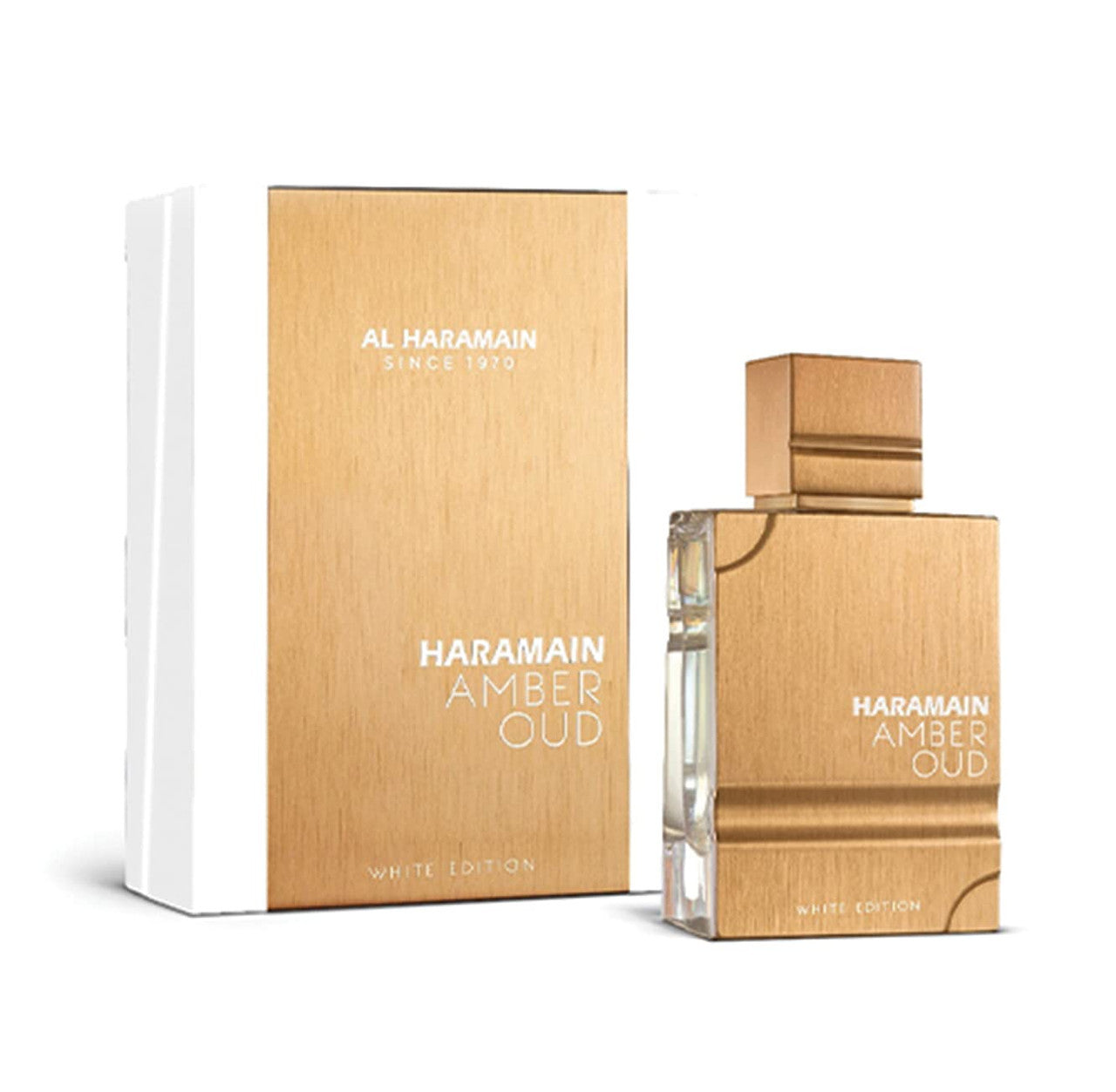 A product image featuring AL HARAMAIN AMBER OUD White Edition eau de parfum spray. The image displays the perfume bottle and packaging box against a white background.
