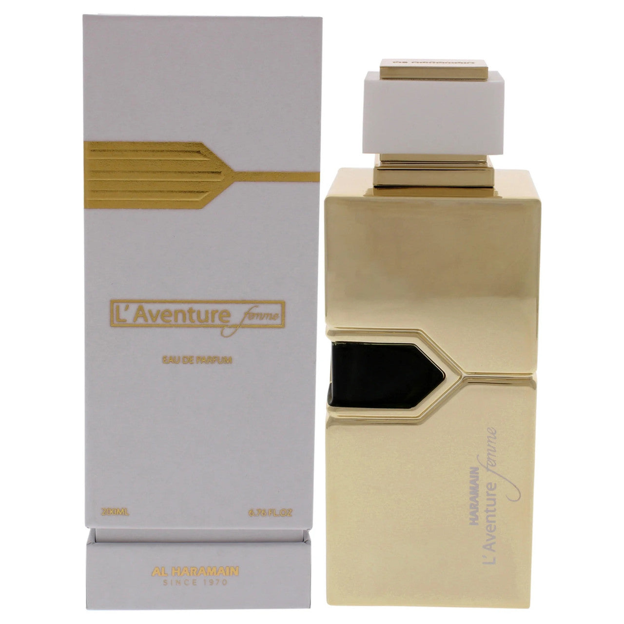 A product image featuring AL HARAMAIN L'AVENTURE FEMME 6.76 EAU DE PARFUM SPRAY, with a gold-colored bottle and white packaging, indicating it is a fragrance for women.