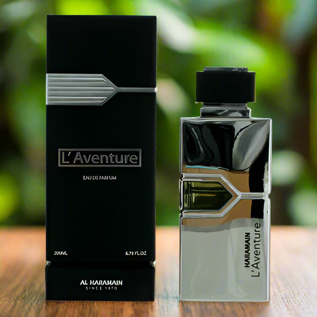 A product image featuring AL HARAMAIN L'AVENTURE 6.76 EAU DE PARFUM SPRAY for men, with the item displayed next to its packaging box.