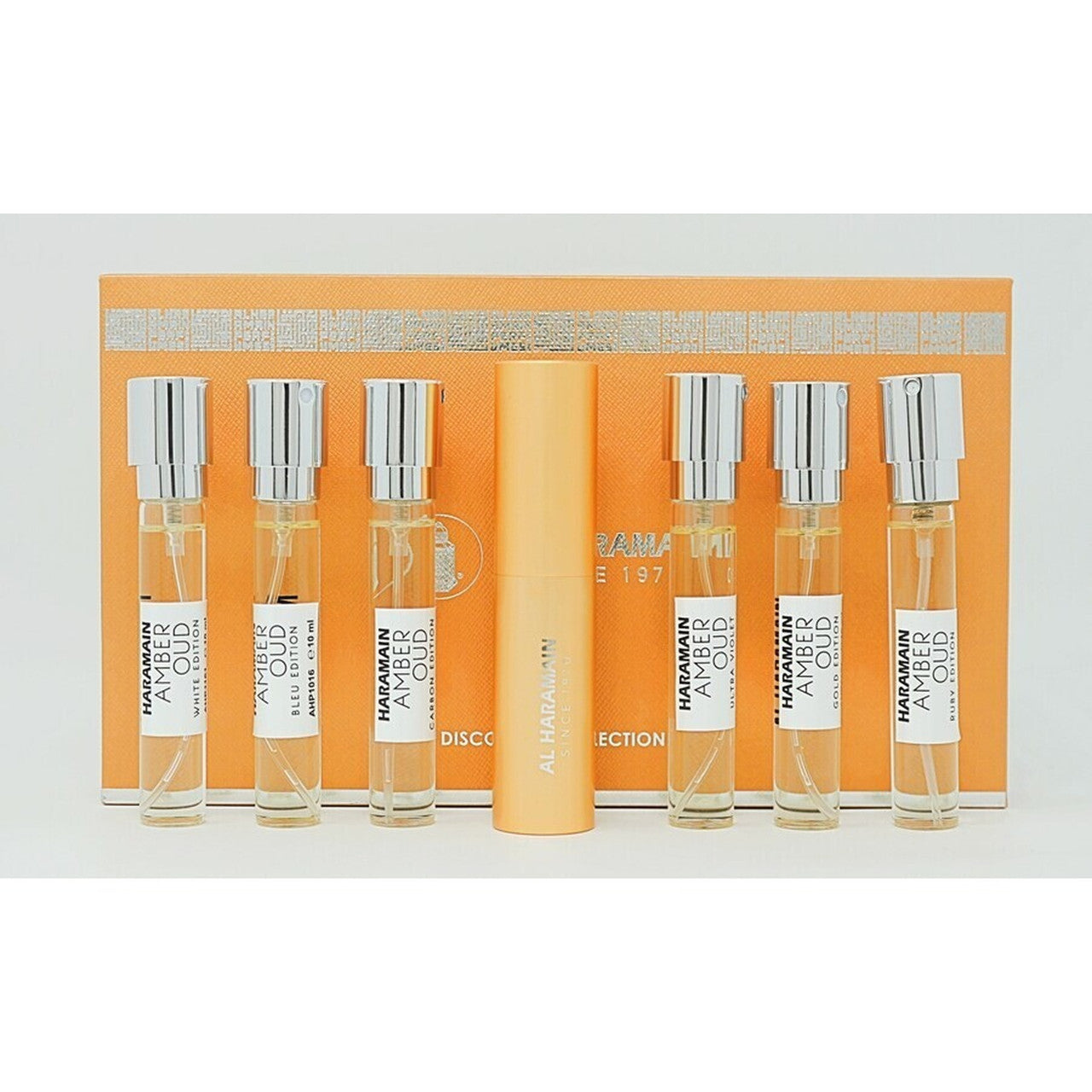 AL HARAMAIN AMBER OUD 7 * 0.34 EAU DE PARFUM SPRAY SET : GOLD EDITION + ULTRA VIOLET + RUBY EDITION + CARBON EDITION + BLEU EDITION + WHITE EDITION + SPRAY CASE
