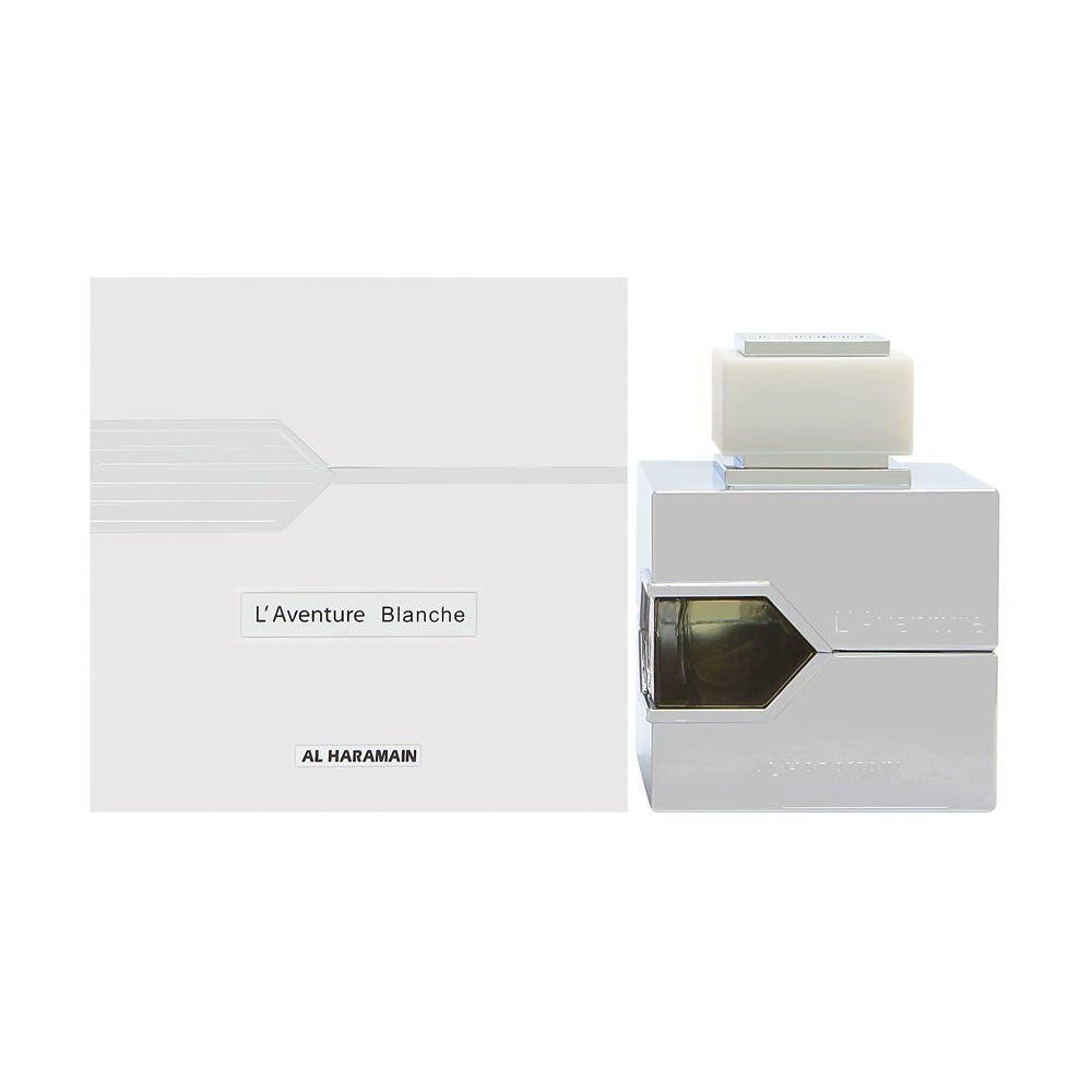 A product image featuring AL HARAMAIN L'AVENTURE BLANCHE 3.3 EAU DE PARFUM SPRAY for men, with the edp spray bottle next to its packaging box.