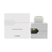 A product image featuring AL HARAMAIN L'AVENTURE BLANCHE 3.3 EAU DE PARFUM SPRAY for men, with the edp spray bottle next to its packaging box.
