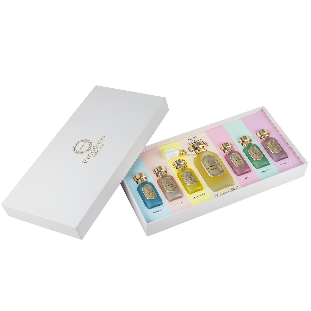 ARMAF EMOTIONS COLLECTION 7 PCS EAU DE PARFUM SPRAY SET: DYNAMIC 0.5 + RELAX 0.5 + CONFIDENT 0.5 + HERAT 3.4 + FRESH 0.5 + ROMANTIC 0.5 + HYPNOTIC 0.5