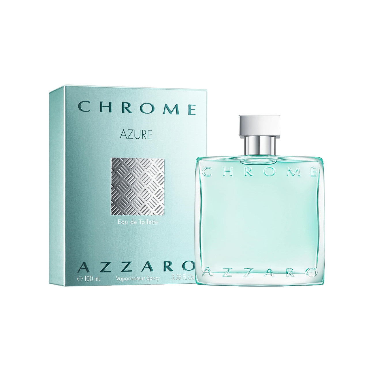 Azzaro Chrome Azure eau de toilette spray bottle for men, with a matching box in the background.