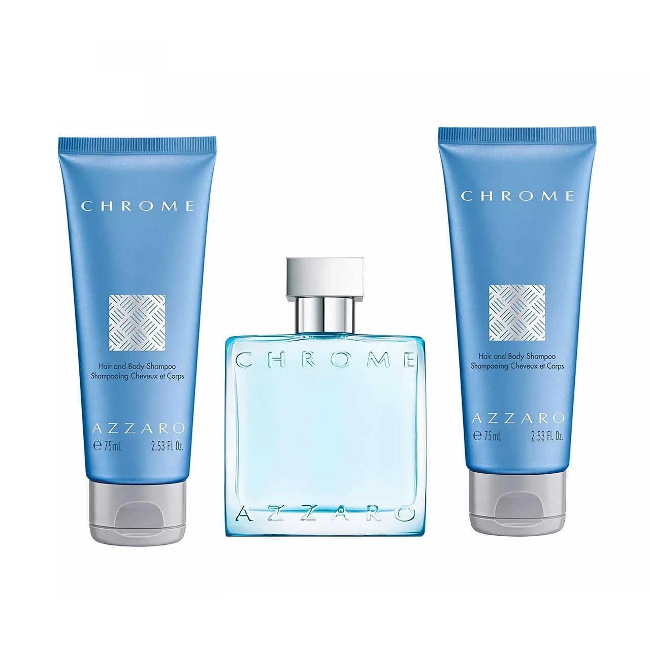 AZZARO CHROME 3 PCS SET FOR MEN: 1 OZ EAU DE TOILETTE SPRAY + 2 * 2.5 HAIR & BODY SHAMPOO
