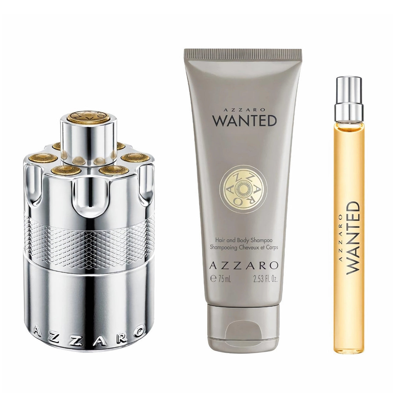 AZZARO WANTED 3 PCS SET FOR MEN: 3.4 EAU DE PARFUM SPRAY + 0.33 EAU DE PARFUM SPRAY + 2.5 HAIR & BODY SHAMPOO
