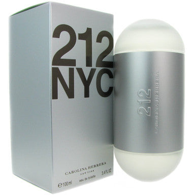 A product image featuring 212 NYC eau de toilette spray for women by Carolina Herrera, with the spray bottle next to its packaging box.