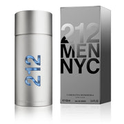 A product image featuring a box and spray bottle of 212 Men's Eau de Toilette by Carolina Herrera. The packaging is primarily white with black and silver accents, and blue text labels.