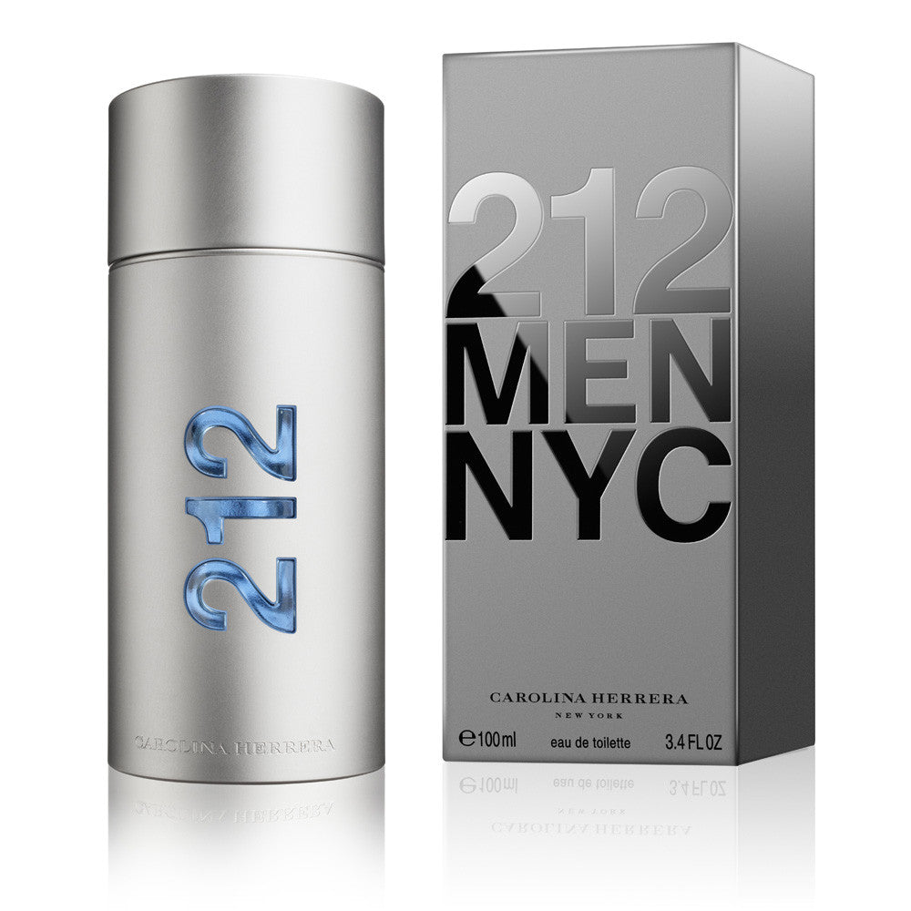 A product image featuring a box and spray bottle of 212 Men's Eau de Toilette by Carolina Herrera. The packaging is primarily white with black and silver accents, and blue text labels.