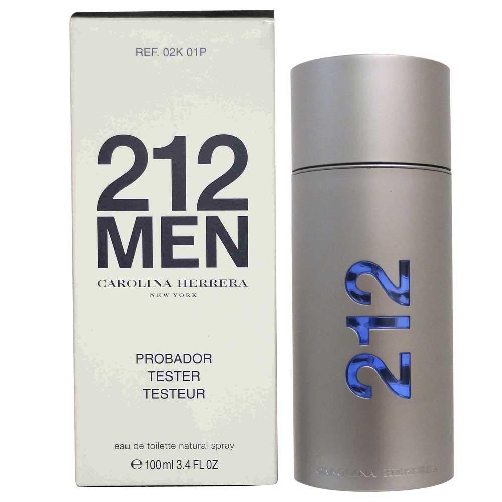 A product image featuring a box and spray bottle of 212 Men's Eau de Toilette by Carolina Herrera. The box is predominantly white with the product name and brand in black text, while the spray bottle is silver with the product name in blue text.