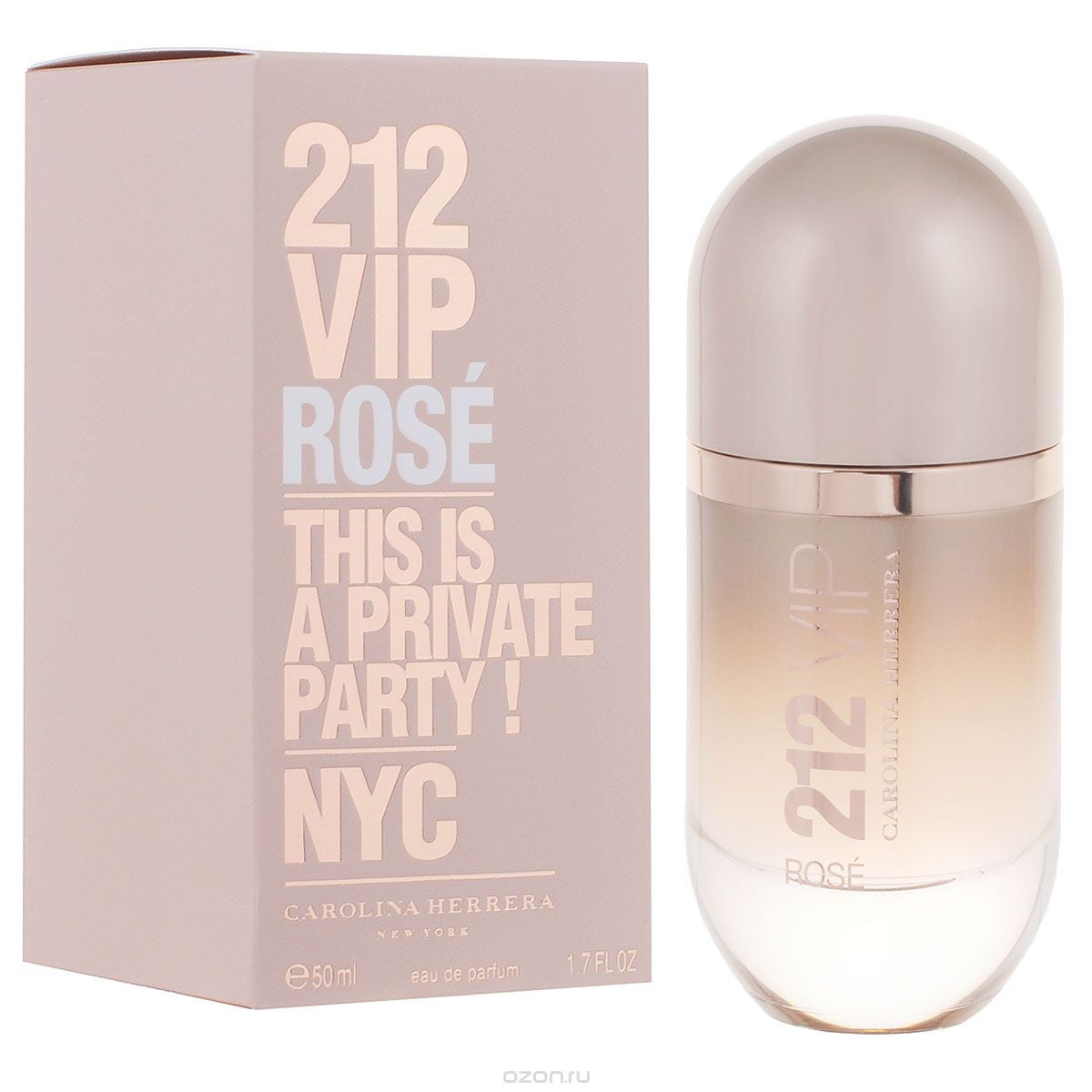The image shows a box and spray bottle of 212 VIP ROSE eau de parfum for women by Carolina Herrera. The box is pink with the product name and the phrase 'This is a private party! NYC' printed on it.