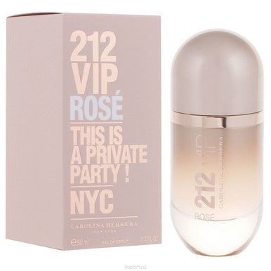 The image shows a box and spray bottle of 212 VIP ROSE eau de parfum for women by Carolina Herrera. The box is pink with the product name and the phrase 'This is a private party! NYC' printed on it.