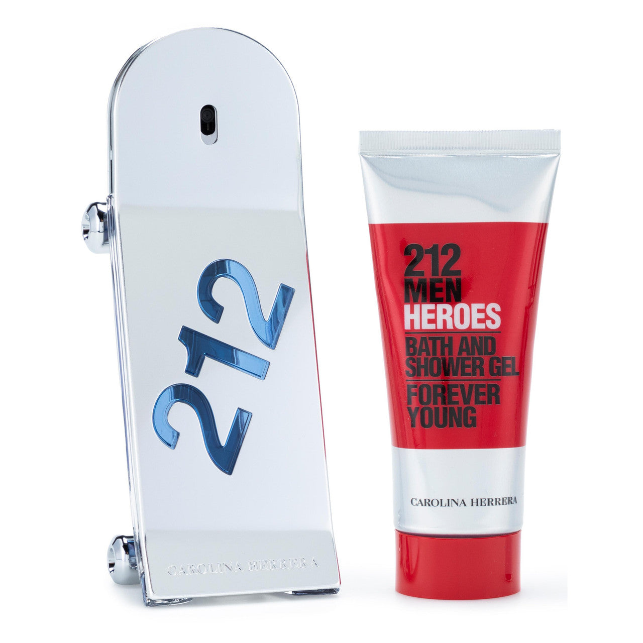 A set of CAROLINA HERRERA 212 HEROES cologne and shower gel for men, with packaging in white and red colors.