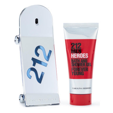 A set of CAROLINA HERRERA 212 HEROES cologne and shower gel for men, with packaging in white and red colors.
