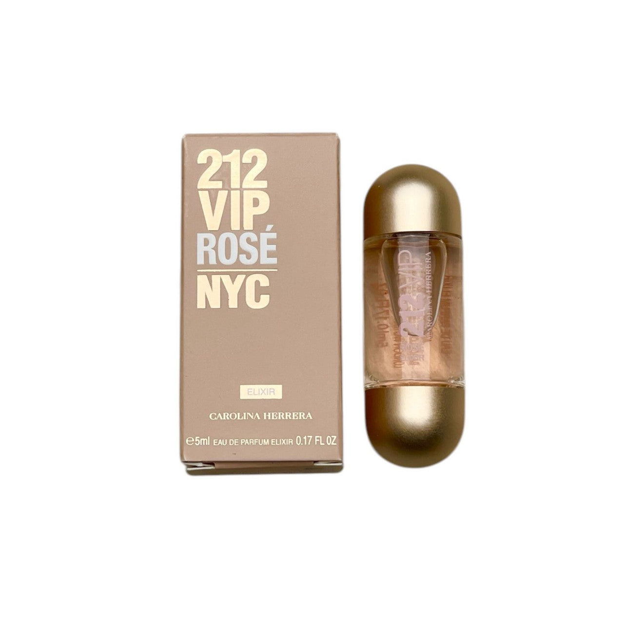 A mini bottle of 212 VIP ROSE ELYXIR by Carolina Herrera, placed next to its packaging box. The bottle is gold-colored with a clear cap, and the box has '212 VIP ROSE NYC' printed in gold lettering.