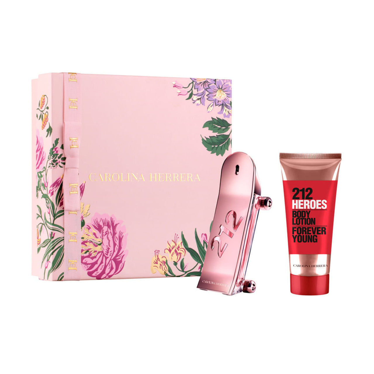 A set of CAROLINA HERRERA 212 HEROES FOREVER YOUNG cosmetics, including a pink bottle of eau de parfum spray and a red tube of body lotion, with packaging displaying floral designs.