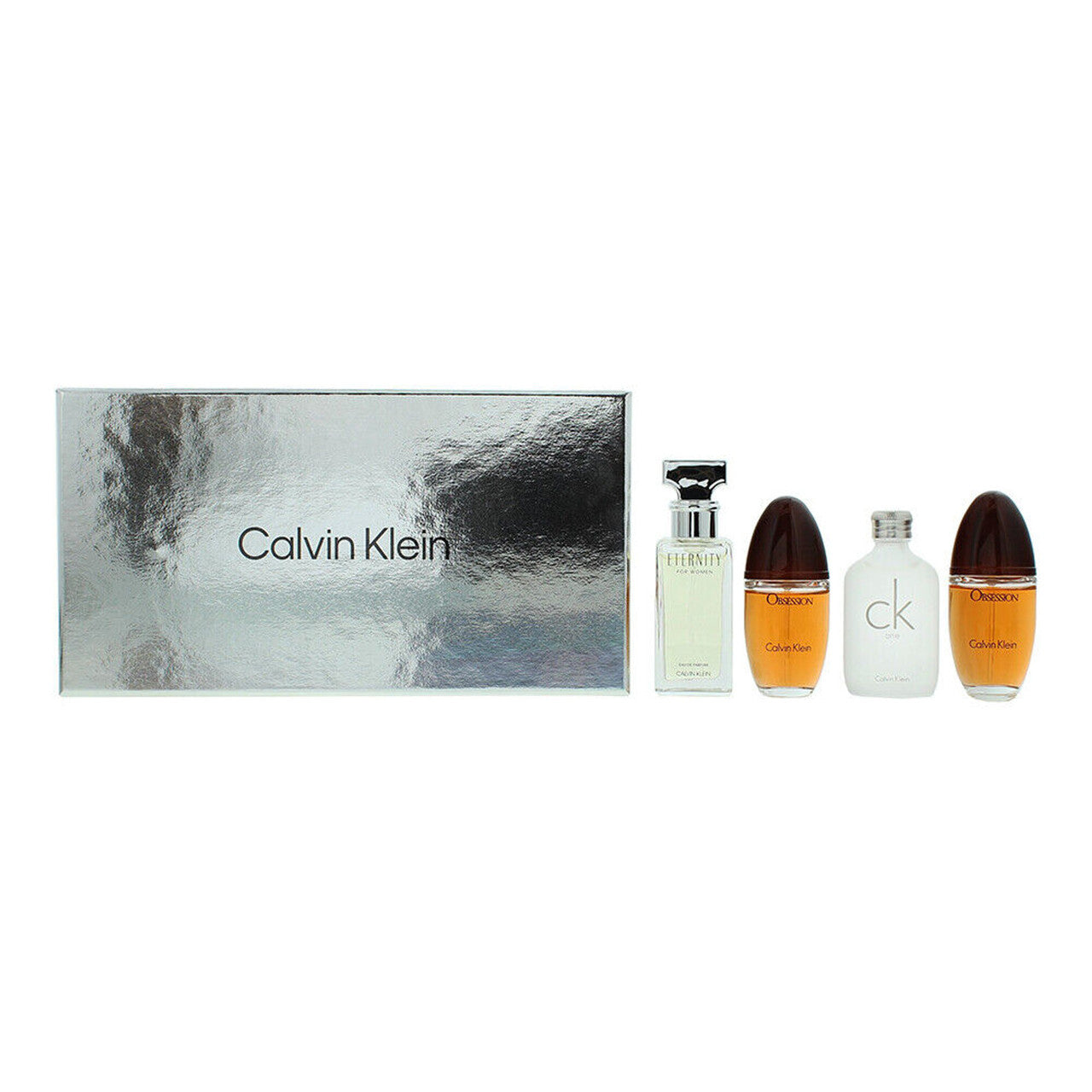 CALVIN KLEIN 4 PCS SET FOR WOMEN: ETERNITY 0.5 EAU DE PARFUM SPRAY + OBSESSION 0.5 EAU DE PARFUM SPRAY + ESCAPE 0.5 EAU DE PARFUM SPRAY + CK ONE 0.5 EAU DE TOILETTE
