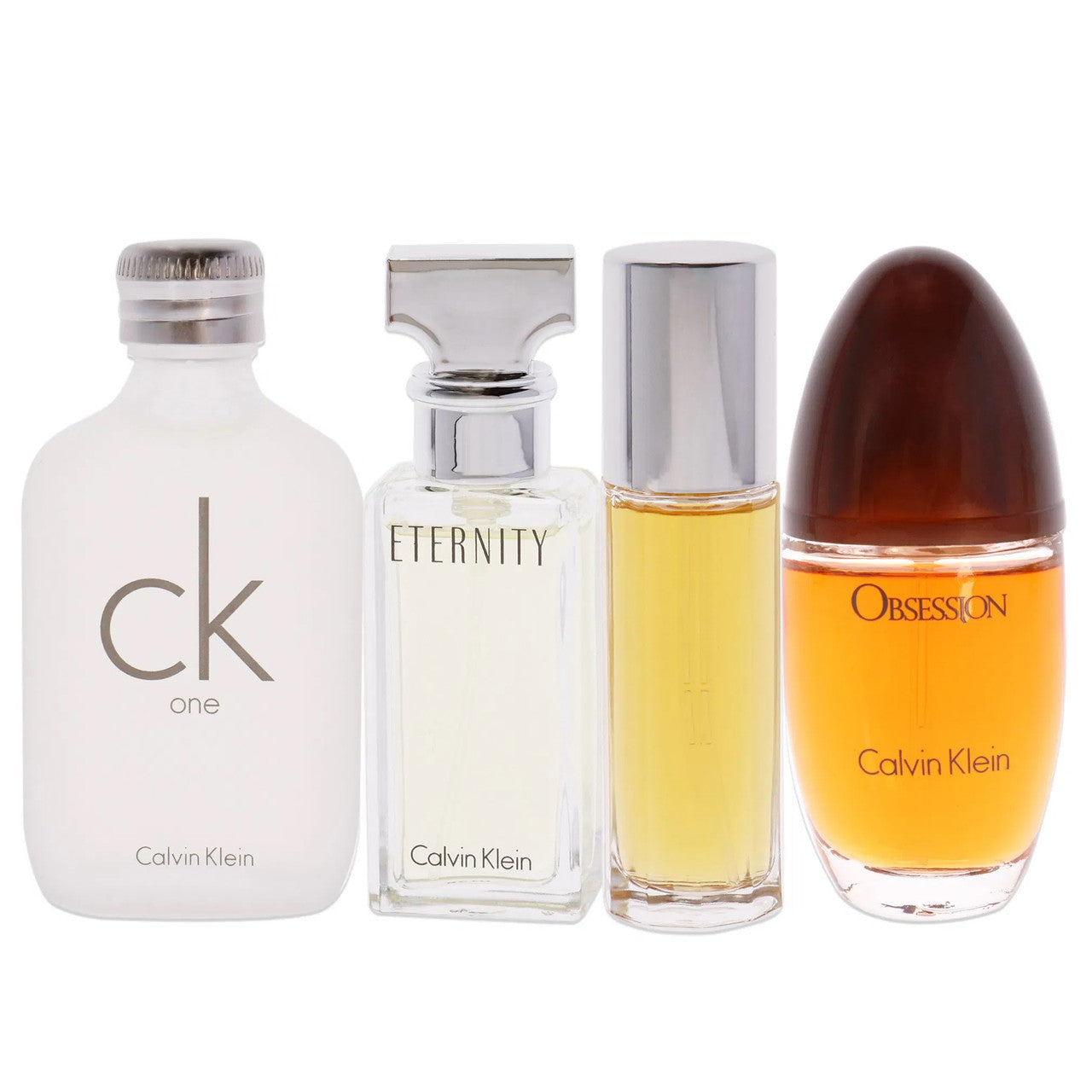 CALVIN KLEIN 4 PCS SET FOR WOMEN: ETERNITY 0.5 EAU DE PARFUM SPRAY + OBSESSION 0.5 EAU DE PARFUM SPRAY + CK ONE 0.5 EAU DE TOILETTE + ESCAPE 0.5 EAU DE PARFUM SPRAY
